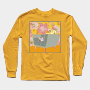 French Bulldogs on a Chair with Floral Design Long Sleeve T-Shirt